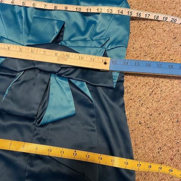 Yimilan Sz M Gorgeous Vintage Satin Turquoise Cocktail Bow Pencil Dress Romantic - Picture 2 of 10